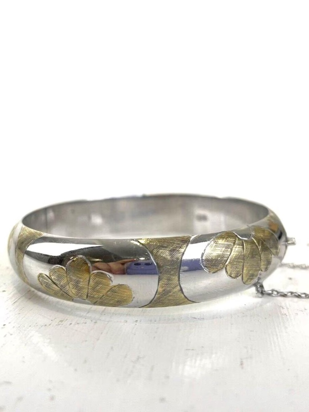 Cuff Bracelet Vintage Sterling Silver With Gold Design Hinged Floral 925 Chain